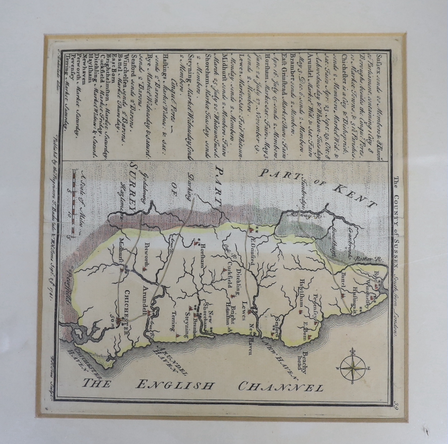 Seven framed Sussex related 18th and 19th century maps, including examples by T. Moule, T. Kitchin, J. Ellis, etc. largest 32 x 22cm